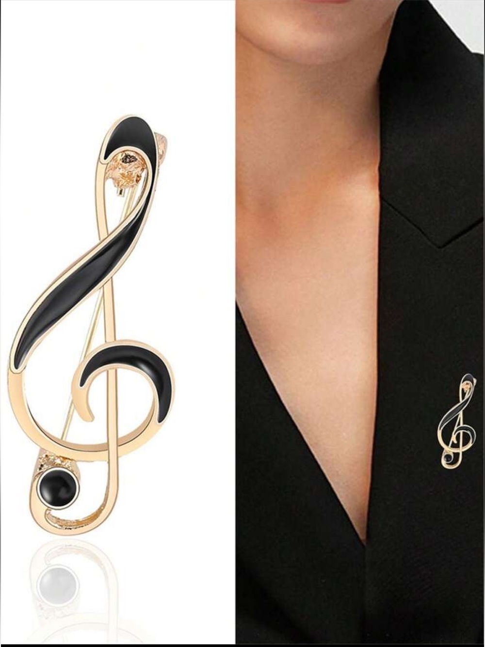 Gold-Tone Black Enamel Treble Clef Brooch